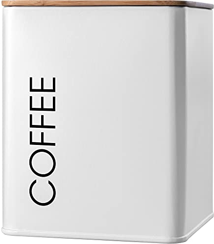 KADAX Vorratsdose mit Deckel, Vorratsbehälter aus Stahl pulverbeschichtet, Aufbewahrungsdose, Aufbewahrungsbehälter, Behälter, luftdicht, auch für Gewürze, Kakao (quadratisch, „COFFEE“, Weiß)