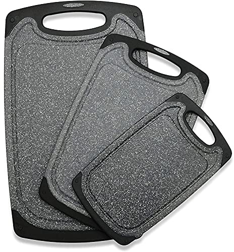 Viretang Plastic Cutting Boards Set of 3 Extra Large for Kitchen, Thick Chopping Board with Deep Juice Grooves, Non‑Slip Feet, Easy Grip Handle, BPA Free, Dishwasher Safe,Black