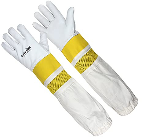 SAFTA Premium Quality Cowhide Beekeeping Gloves for Professionals, Ventilated Long Sleeves, Elastic Cuffs Sting Proof Bee Gloves, Gardening Work Gloves, XL