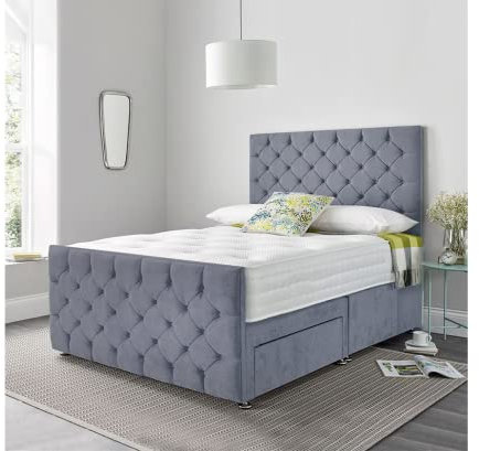 Luxurious Beds Grey Divan Bed Base With Mattress Headboard & 2 Foot End Storage Drawers (KING SIZE 5FT (152 X 203))