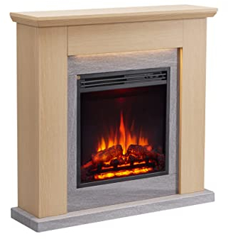 BALDERIA Chimenea Eléctrica Pandora | Calefacción 1000/2000 W | Efecto de Llama 3D | Iluminación LED | Mando a Distancia programable, Temporizador, Termostato | Roble Claro