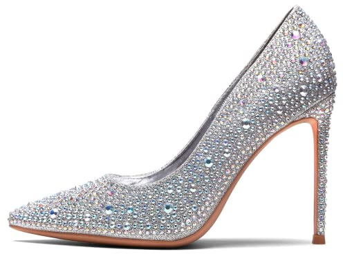 GENSHUO Décolleté a Spillo con Strass Argento Donna, Scarpe con Tacco a Punta Glitterate 10cm, Sexy Tacchi Alti a Punta Chiusa per Eventi Serali, Matrimonio High Heels Scintillante 38.5EU