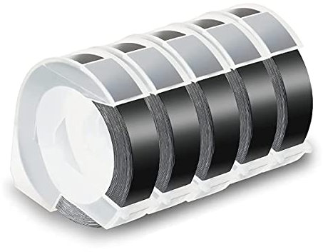 Aflytep Set med 5 etiketter, 12 mm präglingstejp, vit på svart för DM1595 Organizer Xpress Pro