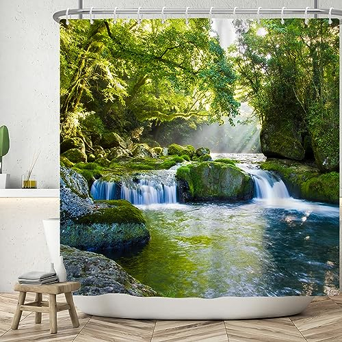 ASDCXZ Landschaftlich Duschvorhang 180x200 cm, Anmutig Naturlandschaft Grün Dschungel Gebirgsbach Bad Waschbar Duschvorhänge Polyester Textil Wasserdicht Badevorhang für Badewanne mit 12 Haken