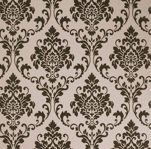 Exclusive Cashmere Flock Velvet Beige Brown Glitter Damask Wallpaper J703