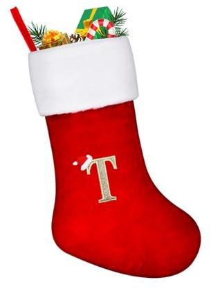 VReder Large Christmas Stockings, Xmas Personalized Embroidered Stockings with Letters, Red Fireplace Hanging Santa Socks for Christmas Decor Xmas Gift (T)
