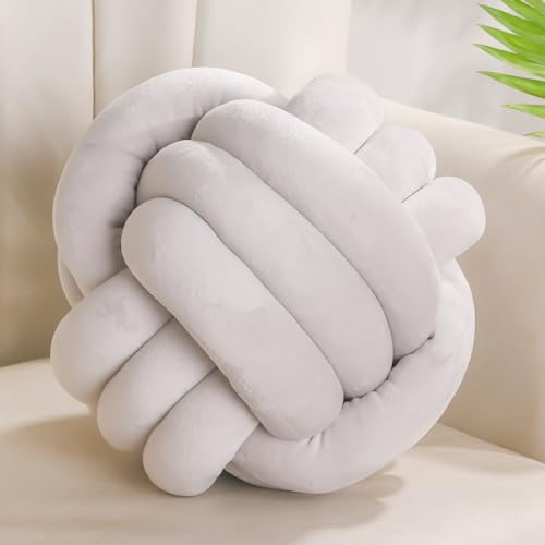 Yhoelata Cojin Nudos Gris Claro, Cojines Redondos Decorativo de Terciopelo, Cojín Decoración para Cama Sofa, Cojín para Dormitorio Infantil, Regalo 28 cm