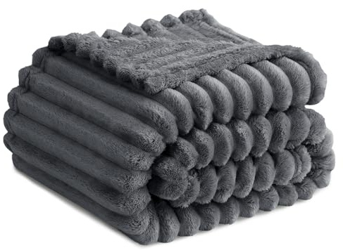 RUIKASI Fleece Throw Blanket for Sofa - Double Fluffy Grey Throws for Sofas Large, Soft Warm Blanket Throw for Couch, Luxury Decorative Ribbed Bed Blanket 150x200cm Twin