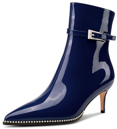 NobleOnly Mujer Medio Gatito Heel Cerrado el Dedo del pie Puntiaguada Punta Botines Cierre con Hebilla Cremallera Casual Botas 6.5 CM Heels Azul Marino 39 EU