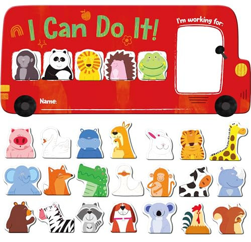 „ICH KANN ES“ Belohnungstafel, Magnetische Belohnungstafel mit 26 Tiermagneten, Roter Bus Belohnungstafel für Kinder, Anreiz Positive Tafel für gutes Verhalten und Verantwortungsbewusstsein
