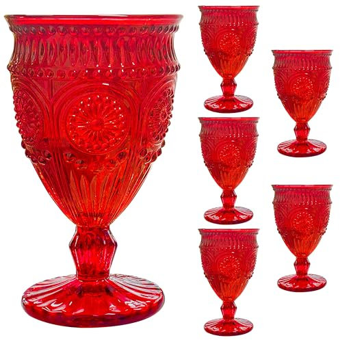 Veiuwa 6 PCS Christmas Wine Glasses - Red Goblet Glasses, Deep Red Designs Blend Better With the Christmas Table Setting