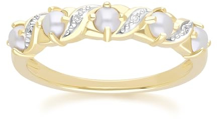Anillo de eternidad con perlas y diamantes de estilo Art Nouveau clásico en oro amarillo de 9 quilates, Piedra preciosa., Perla