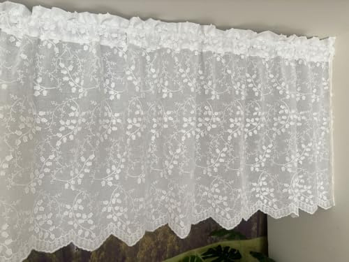 Vordesack lantlig stil, skivgardin av bomull med 3D-broderi, klockblomsmotiv, spets, kort butik, halvtransparent bistrogardin med stånggenomföring 1 styck vit H x B 45 x 140 cm