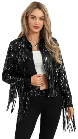 L&ieserram Chaqueta de lentejuelas con borlas para mujer, manga larga, frente abierto, brillante, blazer para club, Negro, L