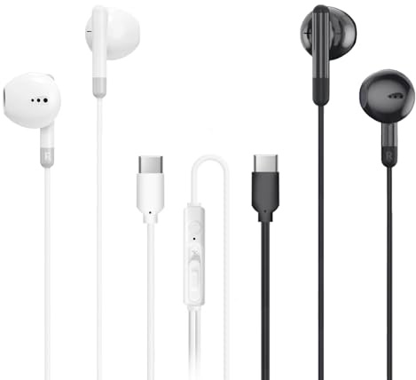 MAS CARNEY 【2 Pack】 USB C-Hörlurar med Kabel TH8, In-Ear Earpods Type C Hörlurar med Mikrofon för iPad Pro, Samsung Galaxy S25 S24 S23 A55 A53, Google Pixel, Huawei, Mi, Oppo, Svart/Vit