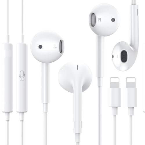 Paquete de 2 auriculares Lightning para iPhone, auriculares con cable [Plug and Play, sin Bluetooth, certificado MFi] Micrófono integrado y control de volumen compatible con iPhone 14/13/12/11/XR/XS/X
