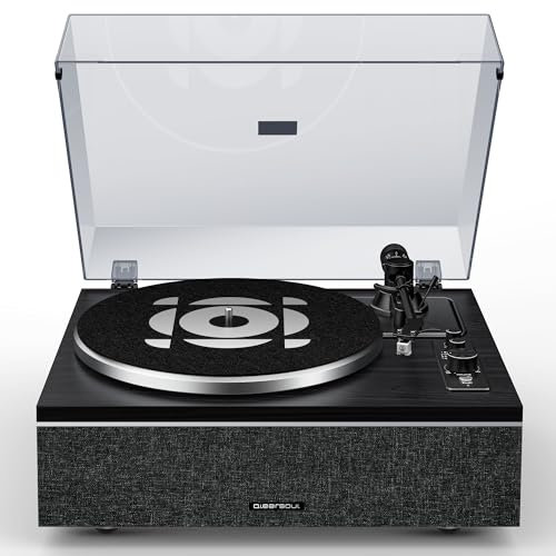 Qlearsoul ONE-S Plattenspieler mit integrierten Lautsprechern & DSP, Vintage Turntable All-in-One mit Bluetooth Eingang/Ausgang, Phono Vorverstärker, AT-3600L Tonabnehmer, 33/45 U/min (Schwarz)