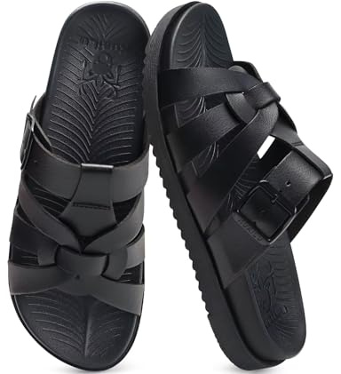 KuaiLu Gladiator Sandals for Women Comfortable Arch Support Summer Beach Vacation Pool Walking Flats Orthopedic Strappy Slides Boho Dress Outfits Fisherman Slip on Cushion Leather Shoes Black Size 10