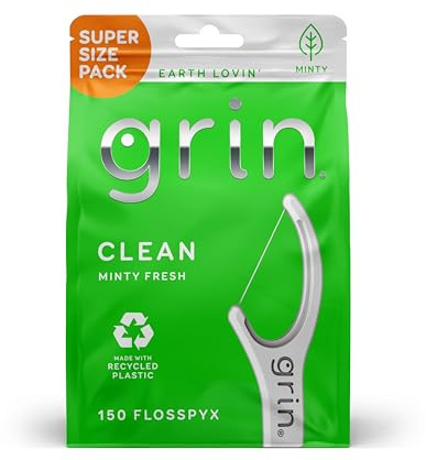 GRIN Clean Flosspyx, Floss Picks, 150 Count, Dental Flossers, Minty Flavor, Recycled Plastic, Super Strong Fine Floss, Tight Teeth, Premium Longer Floss Head, Includes Safe Fold-Back Tooth Pick