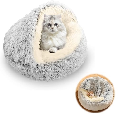 Cat Bed, Kitten Bed Small Cats Cave Bed for Indoor Cats Under 3kg Fluffy Pet Beds Indoor Cat Cave Hooded Bed, Non-Slip Bottom Washable Removeable Plush Cover Kitten, CatS, Dogs Sleeping Cushion Beds