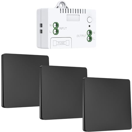 Set di interruttori della luce radio da 230 V, senza batteria, interruttore radio cinetico, senza fili, 230 V, impermeabile, con telecomando per lampada, giardino e casa (3 interruttori, nero)