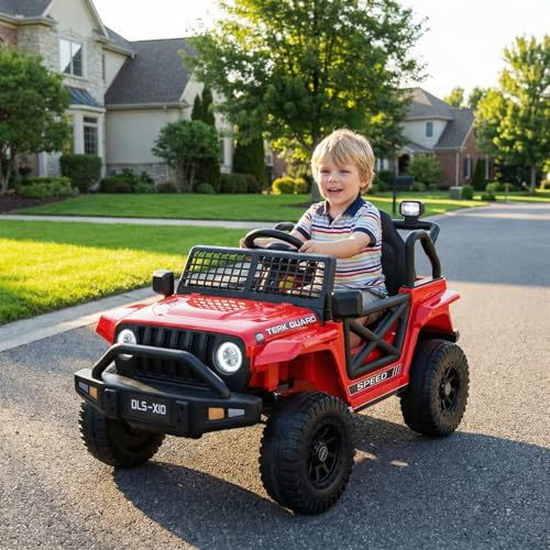 MAMIZO Auto Macchina Elettrica per Bambini 12V 7Ah, Jeep Elettrica per Bambini con 2 Motore 12V, Telecomando 2.4G, Velocità regolabile, LED, Musica, Partenza lenta, 30 Kg, per 3-8 anni,Rosso