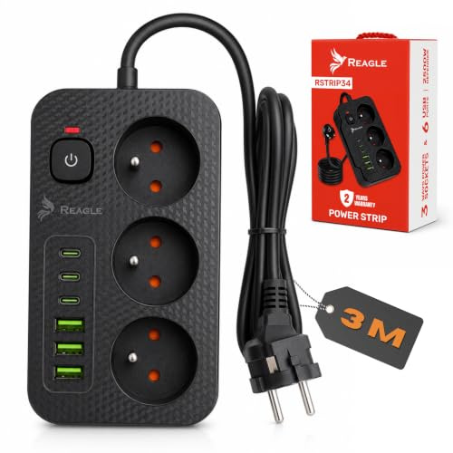 Reagle Grenuttag 3 Uttag 230V med 6 USB, 3x USB-A 3x USB-C, Förlängningssladd 3M med Belyst Strömbrytare, 2500W, Svart, för Hem Kontor