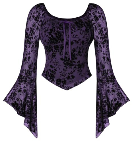 SCARLET DARKNESS Women Medieval Shirts Wrap Top Long Sleeve Gothic Clothes | Front Tie, Velvet Print, Slimming Shirt, 2026 Retro Elegant Blouse