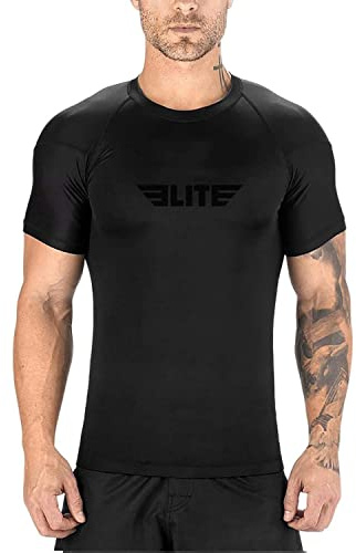 Elite Sports 2022 Jiu Jitsu BJJ Rash Guards, Men's BJJ, No GI, MMA Ranked Short Sleeve Compression Base Layer Rash Guard Black