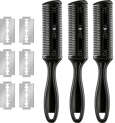 Maitys 3 Pcs Haircut Razor Comb Hair Cutting Comb with 12 Replacement Blades Double Edge Shaper for Salon & Home Styling Split Ends Trimmer Styler for Thick and Thin Hair(Black)