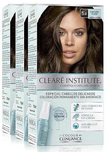 Clearé Institute | Colour Clinuance | Coloración Capilar Permanente Sin Amoniaco | Tinte de Pelo 100% Cobertura de Canas, Incluye Sérum Capilar | Método Curly | 5.0 Castaño Claro | Pack de 3