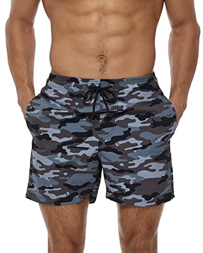 TMEOG Bañador Hombre 2 en 1 Forro Malla Cintura Elástica con Cordón Bolsillo Cremallera - Shorts Playa Secado Rápido Natación(Camuflaje,XXL)
