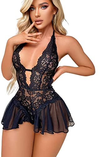 ROSVAJFY Sexy Babydoll Lingerie for Women Naughty, Floral Lace Teddy Bodysuit Halter Deep V One Piece Backless Nightwear,Hollow-Out Chemise Negligee See Through Mesh Suspender Skirt (Black)