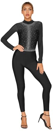 CHICTRY Gymnastikanzug Damen Ganzkörper Langarm Ballettanzug Stehkragen Tanzbody Strass Glitzer Turntrikot Patchwork Tanzanzug Mit Cut Out A Schwarz S