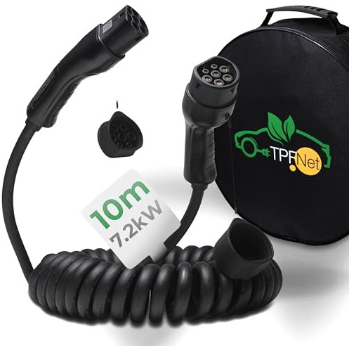 TPFNet Câble de charge spirale de type 2 de 10 m - Puissance de charge jusqu'à 7,2 kW / 32 A - Compatible avec la plupart des marques de voitures - Câble de charge flexible et durable de type 2 pour
