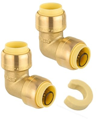(Pack of 2) EFIELD 1/2-inch 90-Degree Elbow, Push-Fit Brass Fittings to Connect Copper, PEX, CPVC Pipe with 1/2 Disconnect Clip,(PF-UNI007)