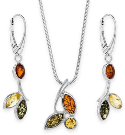 Juego de joyas para mujer, plata 925, cadena de ámbar y pendientes, juego de regalo, bolsa, tarjeta, caja de regalo, regalos para mujeres, día de San Valentín, aniversario, cumpleaños, día de la