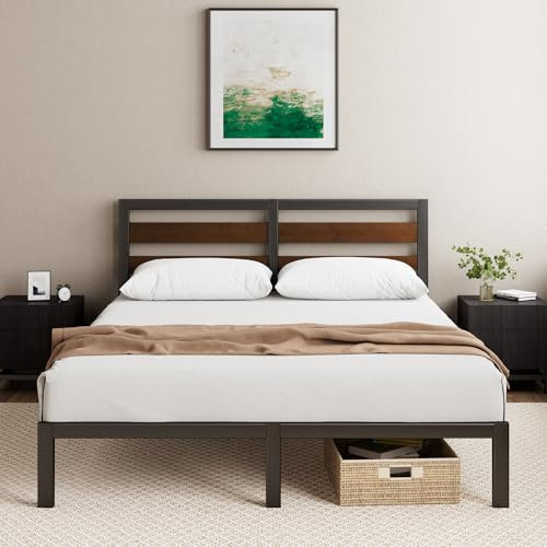 ZINUS Kai Double Bed Frame 135x190 cm – 80cm Height – Sustainable Bamboo & Metal Bed Frame with Headboard – Steel slat support – Eco-Friendly Bed frame - Easy Assembly – Black and Brown