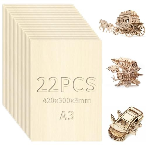 XRXYMQ 22 stycken plywood, 3 mm, träplattor för pyssel, A3, plywoodskiva 420 x 300 mm, balsaträ, poppelplywood för laserbearbetning, gör-det-själv, träarbete, dekoration, presenter, modellbygge
