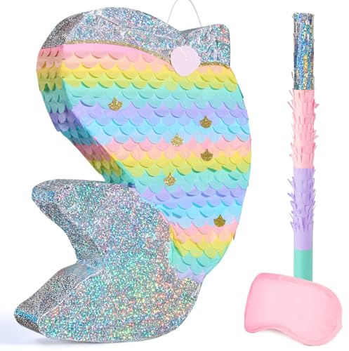 WERNNSAI Piñata de Sirena Arcoíris - Piñata de Decoración de Fiesta de Cumpleaños de Sirena con Venda para los Ojos y Palo para Niños Fiesta del Océano Bajo el Mar Suministros de Celebración Baby
