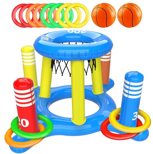 Giochi Gonfiabili per Piscina, 2 in 1 Giochi d Acqua per Piscina, Canestro da Basket Galleggianti e Lancio Dell'anello, Estate Esterno Piscina Festa Giochi per Bambino Adulto