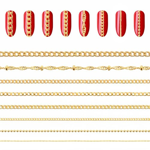 HJZHII 8 ränder nagelkedjor, 3D-nagelspets, konst, berlocker, smycken, ornament, manikyrdekorationer, av metall för gör-det-själv, punk naglar, glitterdesign (guld)