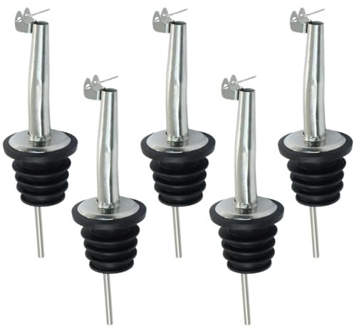 Versatori in Acciaio Inox, 5 Pezzi Metal pour Beccuccio Conico Liquore Tappo con Coperchio, Bottiglia Versatore Tappo, Versatore Dosatore per Vino Olio Cocktail Succo