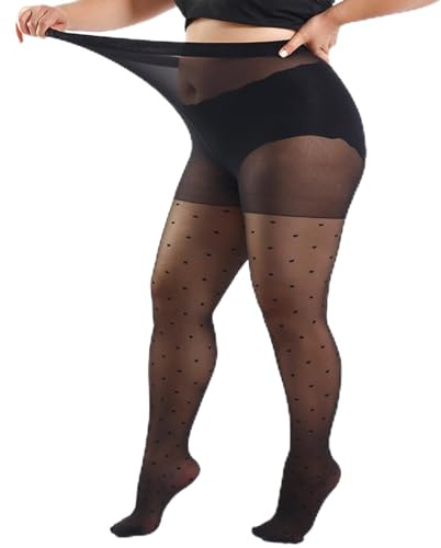Kaempe Collant Grande Taille Fantaisie, Translucides Collant Femme à Pois, Fins Et Confortables Collants Femme Grande Taille (2XL)