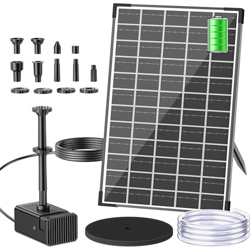 Biling Fontana solare da 12 W, per esterni, con batteria da 5000 mAh, silenziosa 300 l/h, pompa per laghetto solare con 8 ugelli con tubo, fontana solare per esterni, piccoli laghetti da giardino fino