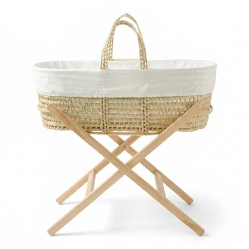 Clair de Lune Scandi Palm Moses Basket with Natural Folding Stand 74 x 30 cm (White)