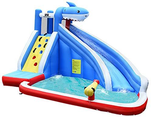COSTWAY Inflatable Water Slide, Kids Bounce House with Climbing Wall, Splash Pool & Water Cannon, Outdoor Summer Blow Up Activity Center for Kids (Shark)