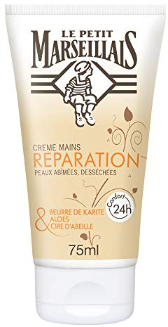 Le Petit Marseillais , Crème Mains Réparation Peaux Abîmées et Desséchées (tube de 75 ml) – Crème réparatrice au beurre de karité, aloès et cire d'abeille – Soin des mains confort 24 h