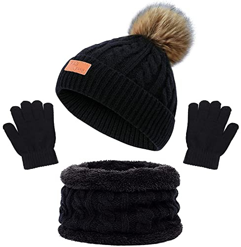 beifon Sombrero Caliente de Punto Niños Niñas Invierno Set de Beanie Gorro de Punto con Pompon, Guantes y Bufanda Forro Polar, 3 Piezas, para Niños Niñas Kids 3-5 Años(Negro)