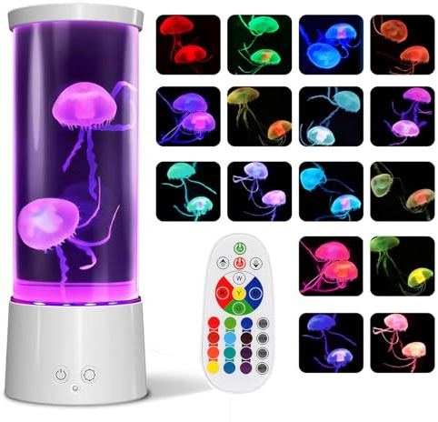 Lampara Medusa Lampara de Lava Acuario Luz de Noche Control Remoto Luz Ambiente con 17 Lampara Led Colores, Medusas Artificiales Acuario USB Lámpara de Mesa por Oficina en Casa Decoración,Blanco